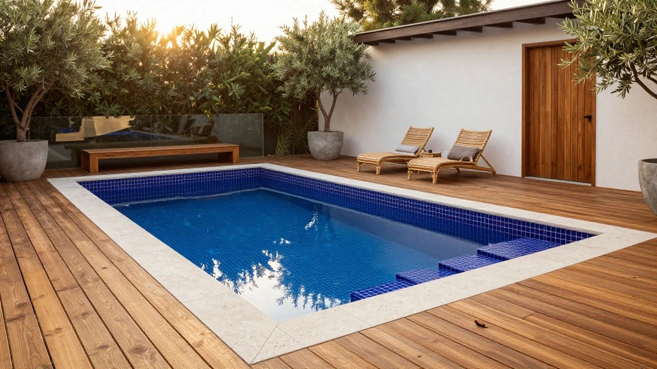 Small square pool with dark blue mosaic tiles edged by light wood decking, two beige rattan loungers on the deck, potted plants and olive trees nearby, white wall and wooden doors in background.