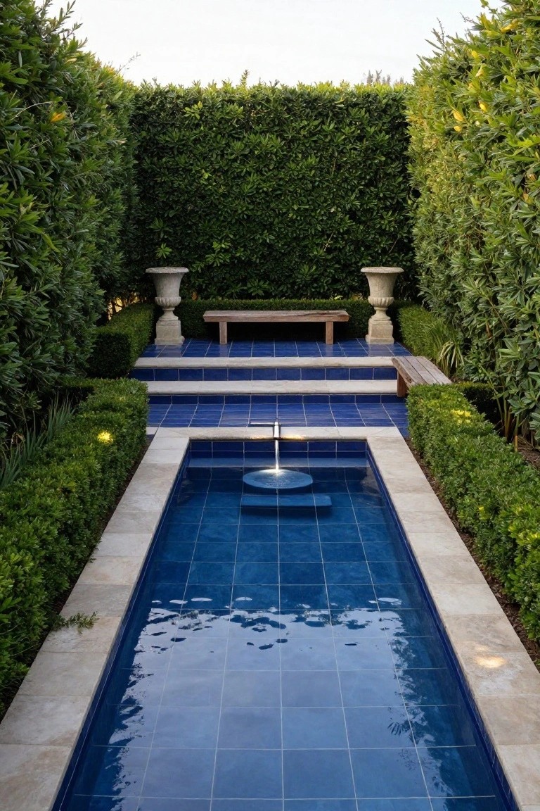 25 Dramatic Dark Blue Pool Tile Ideas With Visual Depth A narrow rectangular pool with dark blue tiles and clear water, bordered by low stone walls and dense green hedges, with tiled steps leading up to a wooden bench flanked by stone urns.