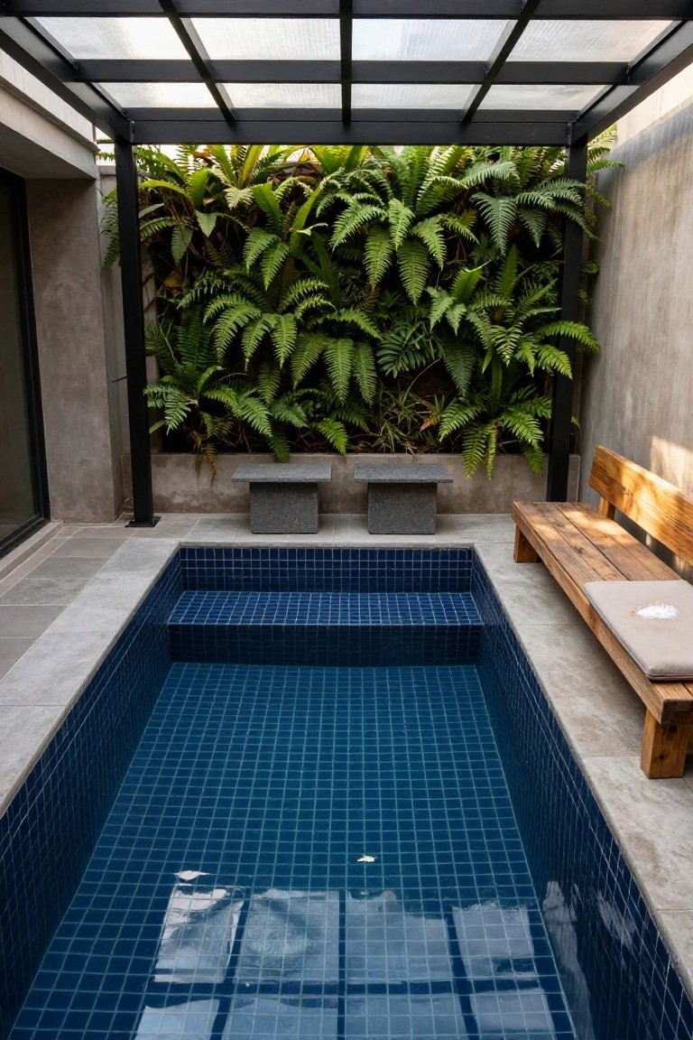 25 Dramatic Dark Blue Pool Tile Ideas With Visual Depth Small rectangular plunge pool with dark blue mosaic tiles and built-in steps, surrounded by gray concrete decking, two stone benches, a wooden bench with beige cushion, lush green fern-covered wall, and black metal pergola with translucent roof.