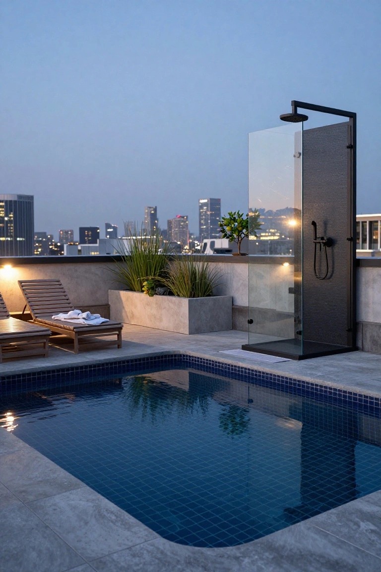 25 Dramatic Dark Blue Pool Tile Ideas With Visual Depth Rooftop terrace with a small rectangular pool lined in dark blue mosaic tiles, adjacent black outdoor shower enclosure, wooden lounge chairs with white towels, potted plants, and city skyline at dusk.