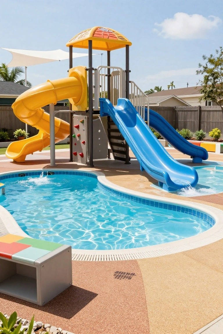 A backyard inground pool with a playground tower featuring a blue slide emptying into the water, a yellow twisty slide, climbing wall, colorful benches, plants, and surrounding fence under a blue sky.
