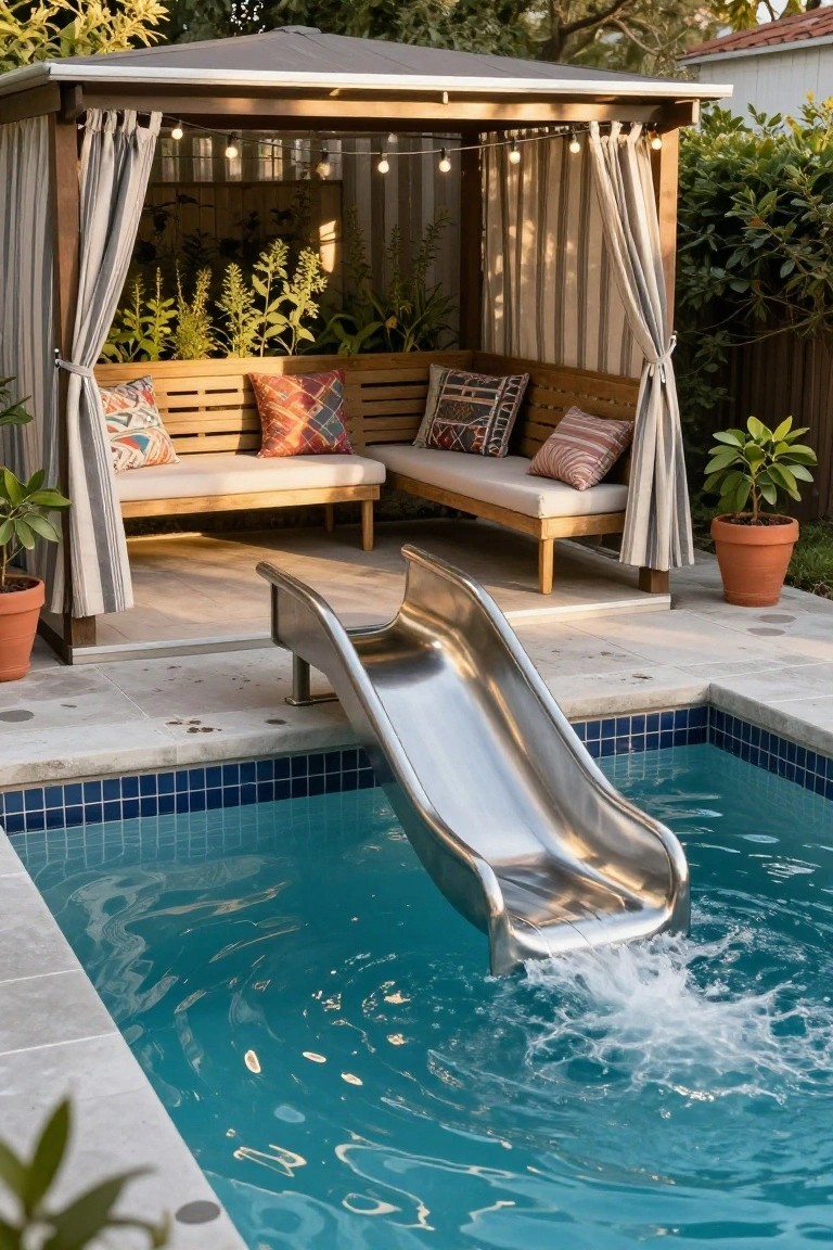 Backyard inground pool with curved stainless steel slide entering the blue tiled water, next to a wooden pergola gazebo with bench seating, striped curtains, potted plants, and string lights.