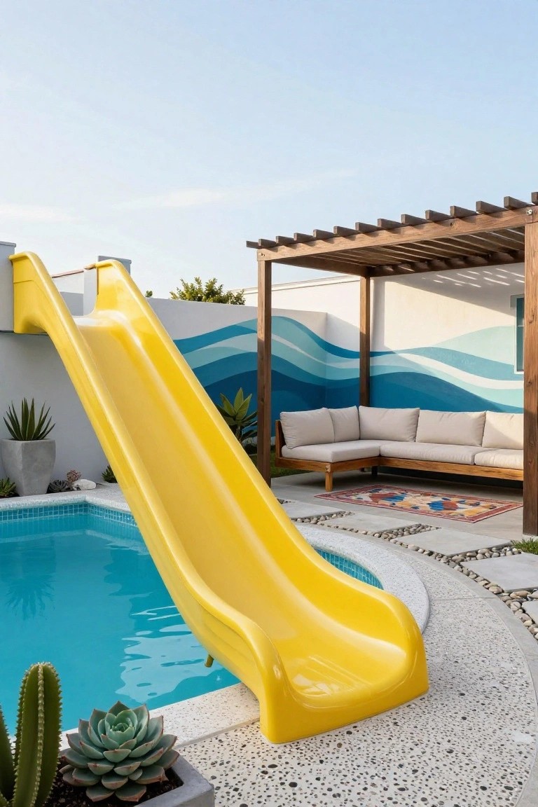 A tall yellow plastic slide curves down into a turquoise tiled inground pool, next to an outdoor lounge area with beige cushions on a wooden frame under a pergola, surrounded by white walls with blue wave patterns, plants, and pebble paving.