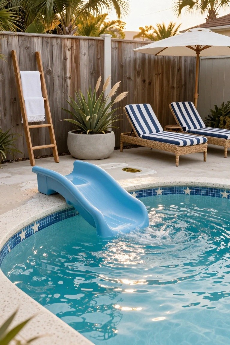 Small blue plastic slide attached to the edge of a turquoise inground pool with blue star tiles, next to lounge chairs, potted plants, a wooden towel ladder, and a striped umbrella in a fenced tropical backyard.