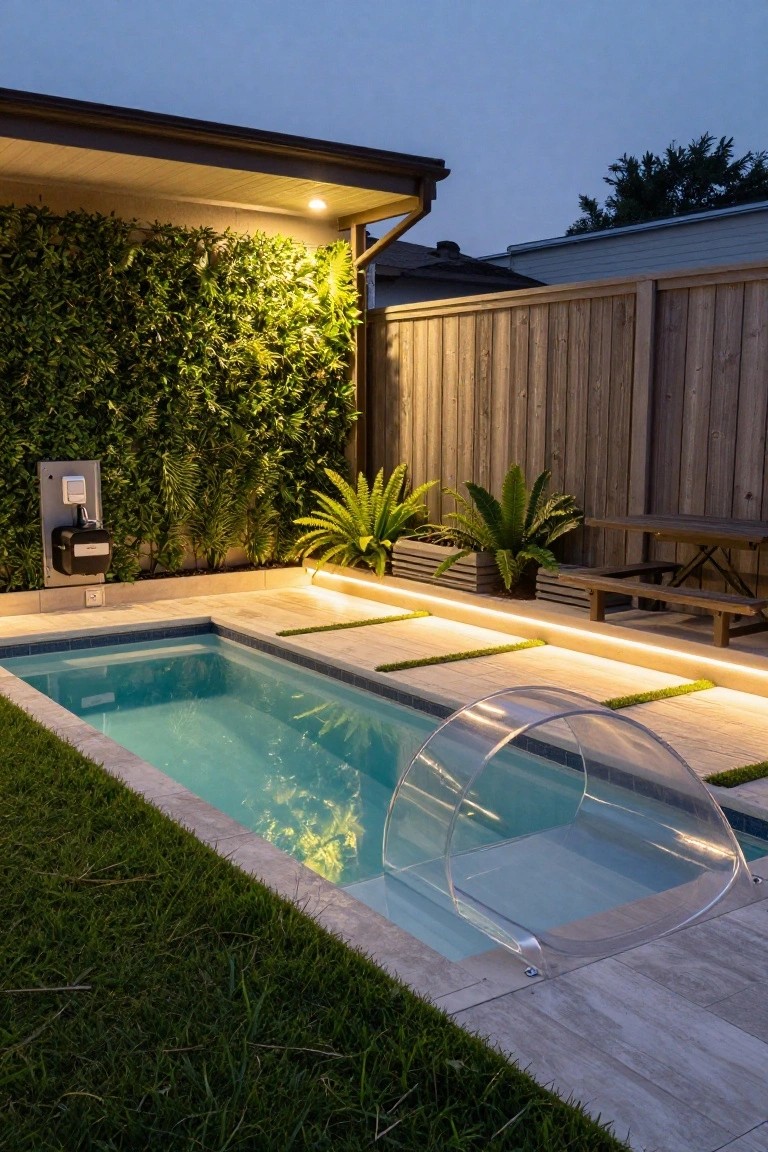 A small rectangular inground pool with a transparent curved dome slide in a backyard with travertine decking, green vertical garden wall, potted ferns, wooden bench, and LED strip lights along the edges at dusk.