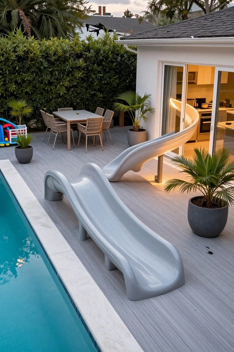 Gray curved slides mounted on a wooden deck next to an inground pool, with potted plants, outdoor table and chairs, and a house with glass kitchen doors in the background.