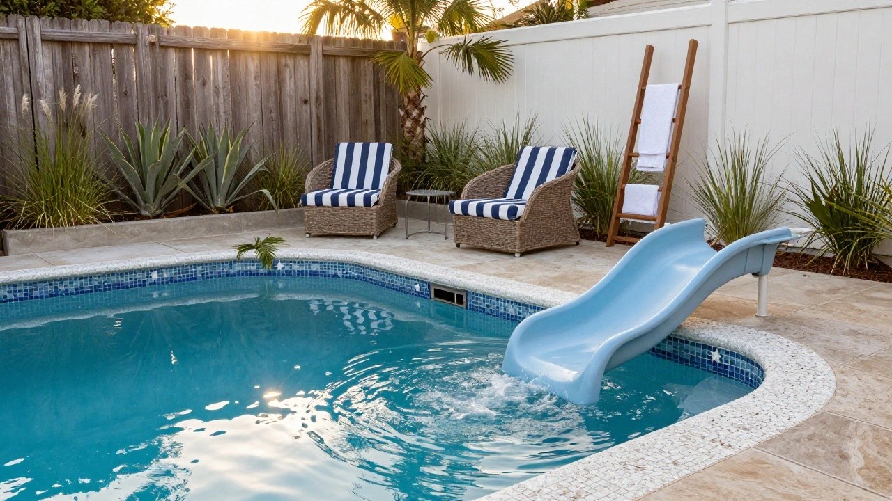 Small blue plastic slide attached to the edge of a turquoise inground pool with blue star tiles, next to lounge chairs, potted plants, a wooden towel ladder, and a striped umbrella in a fenced tropical backyard.