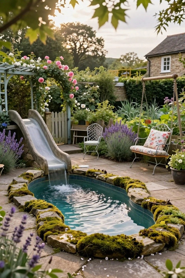 Small inground pool shaped like an oval with a concrete slide pouring water into it, bordered by moss-covered stones, surrounded by lavender plants, roses on a trellis, chairs, and a swing in a garden.
