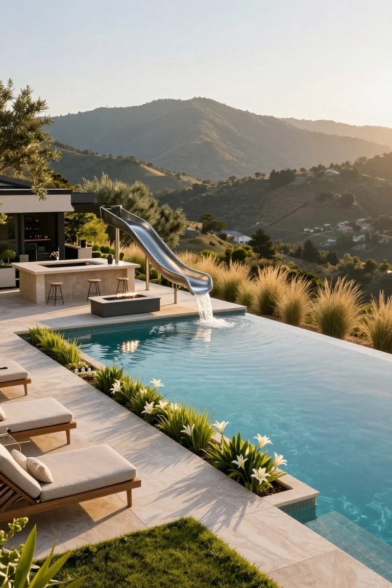 Infinity edge swimming pool with curved stainless steel waterslide, adjacent stone outdoor bar with stools and fire feature, lounge chairs on tiled deck, landscaping, and hillside views at sunset.