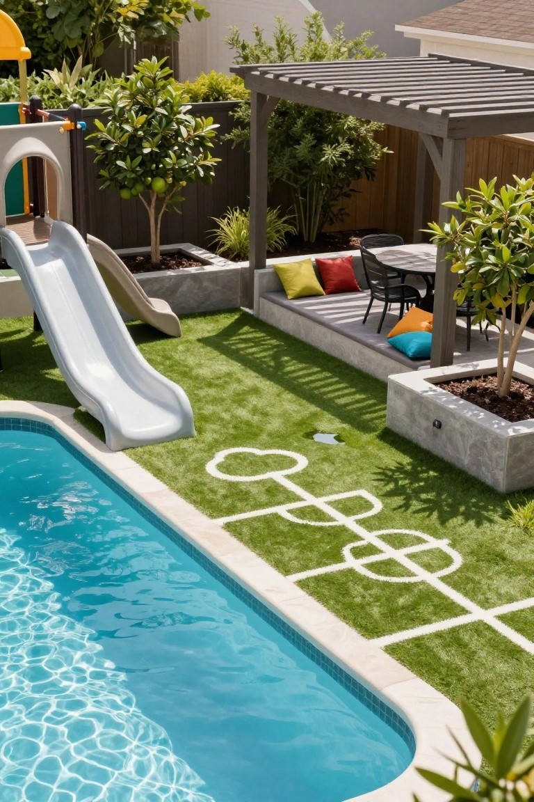 Overhead view of a backyard inground pool with a white slide leading into the water, adjacent artificial turf marked with white game lines, small playground structure, pergola with seating, and surrounding plants and trees.