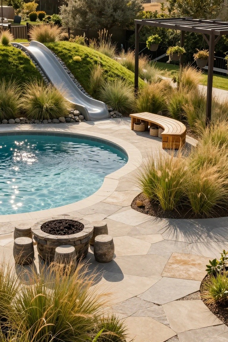 Curved turquoise inground pool next to a tall gray slide embedded in a grassy hill, with surrounding ornamental grasses, curved wooden bench, stone fire pit on flagstone patio, and distant landscaping.