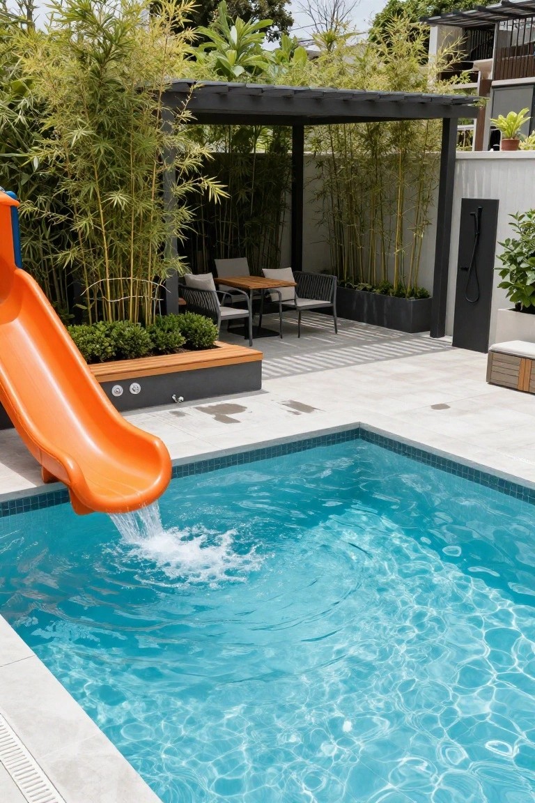 Modern backyard inground pool with orange slide entering the turquoise water, surrounded by bamboo plants, a pergola-covered seating area with table and chairs, and light-colored tiled decking.