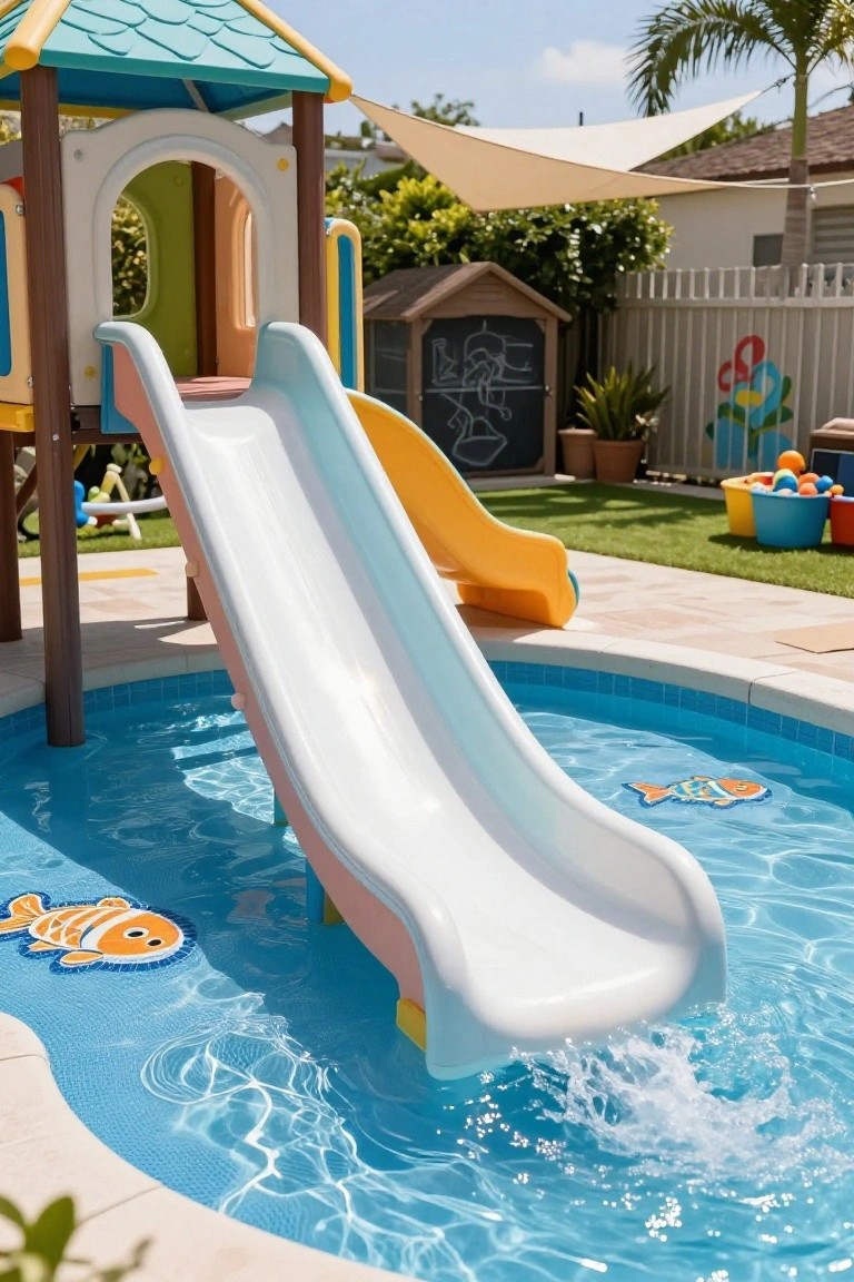Backyard inground pool with a tall white slide and shorter yellow slide from a turquoise play structure entering the blue water, surrounded by grass, potted plants, toys, and a palm tree.