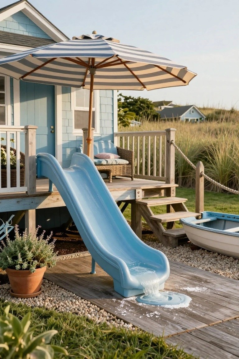 Blue playhouse on wooden deck with curving blue slide ending in water splash on deck surface, striped umbrella, cushions on bench, potted plants, gravel edge, grass, beach grass, and small white rowboat nearby.