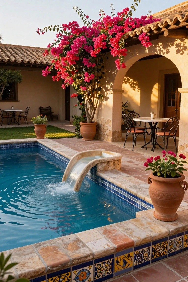 Inground swimming pool with a curved stone waterslide functioning as a waterfall, terracotta pots with plants, outdoor dining table and chairs on a tiled patio beside beige stucco architecture and bougainvillea vines.