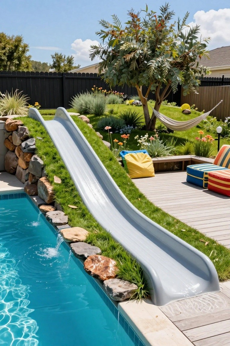 Inground pool with gray slide integrated into grassy slope retained by rocks, ending at pool edge next to wooden deck with colorful cushions, backyard landscaping, trees, and fence.