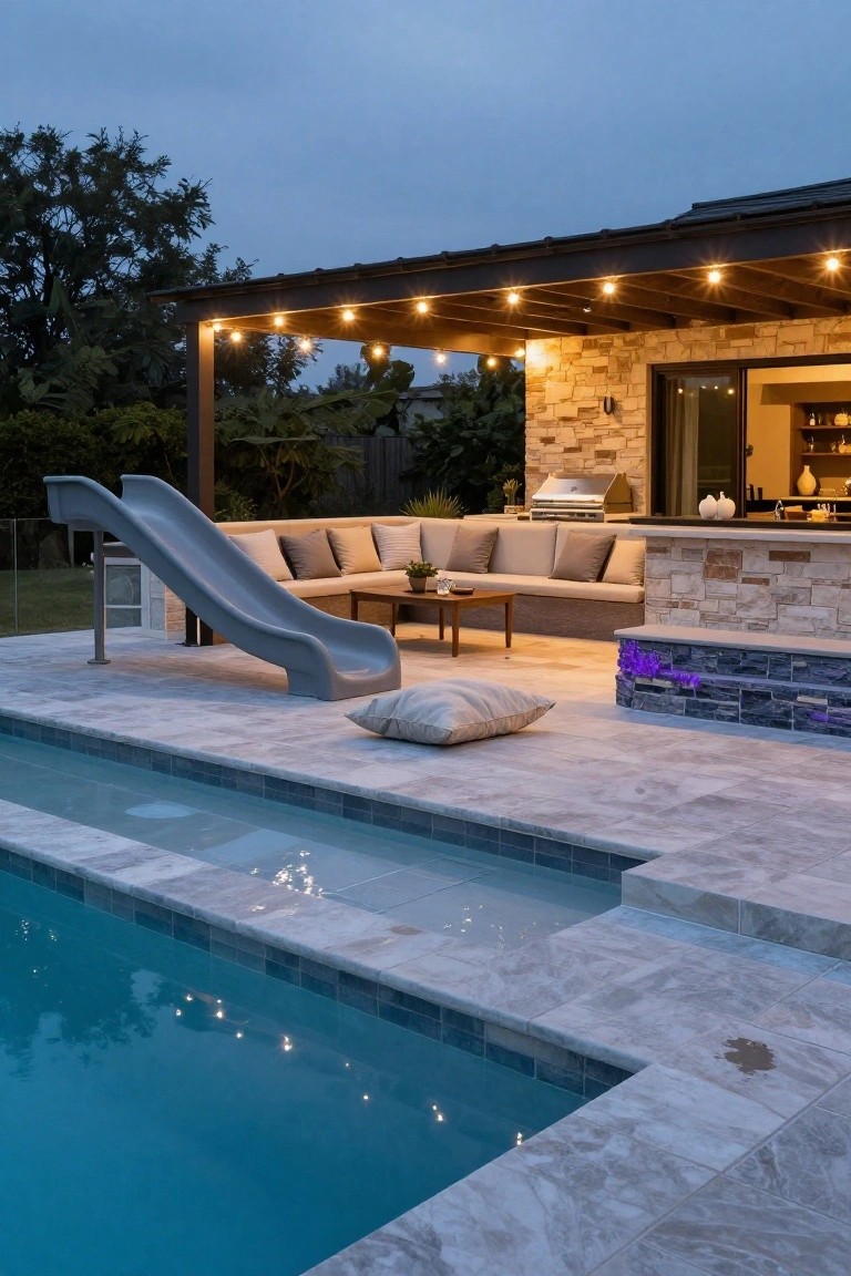 Inground pool with gray slide positioned next to L-shaped beige outdoor sofa under pergola with string lights, stone outdoor kitchen, and potted plants at dusk.