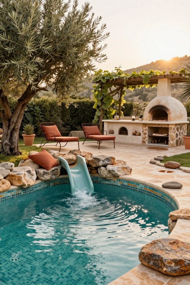 Inground turquoise mosaic-tiled pool with green slide integrated into natural rock formations, surrounded by lounge chairs on tiled patio, stone outdoor kitchen with wood-fired oven, vine-covered pergola, olive trees, potted plants, and hillside landscape at sunset.