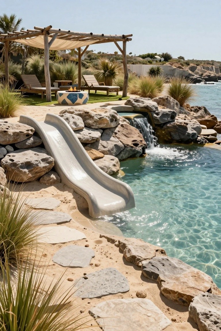 Turquoise inground pool with white slide curving over stacked boulders and a waterfall flowing into the water, surrounded by sand, grass, stepping stones, lounge chairs, fire pit, and ocean backdrop.