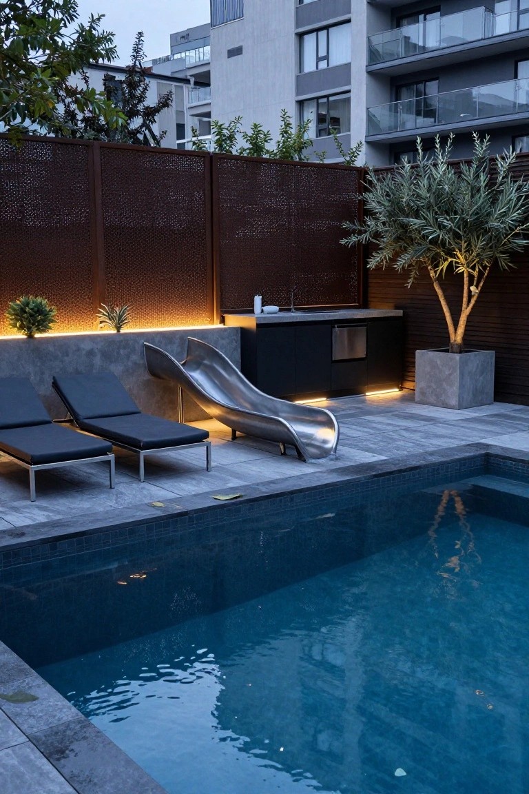 Modern backyard pool area featuring a curved stainless steel slide descending into the water, black lounge chairs, built-in black outdoor kitchen, potted plants, corten steel fence, and surrounding apartments at dusk.