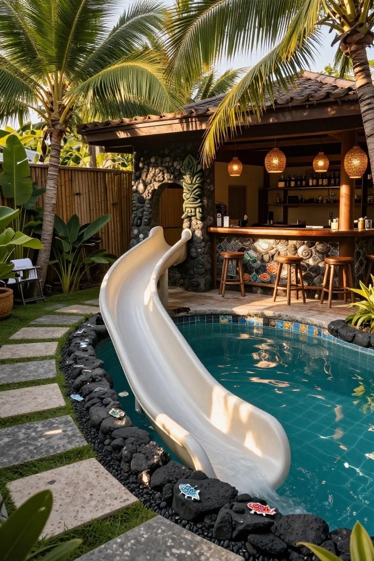 Curved white waterslide leading into turquoise inground pool edged with black lava rocks, tropical plants, and a wooden bar with stools nearby.