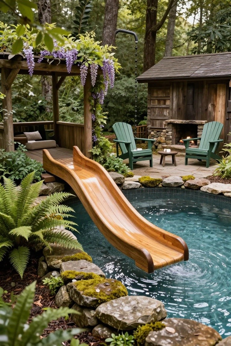 Wooden slide curving from elevated deck platform into turquoise inground pool, with green Adirondack chairs, small fire pit, pergola covered in wisteria, and surrounding rocks and ferns.