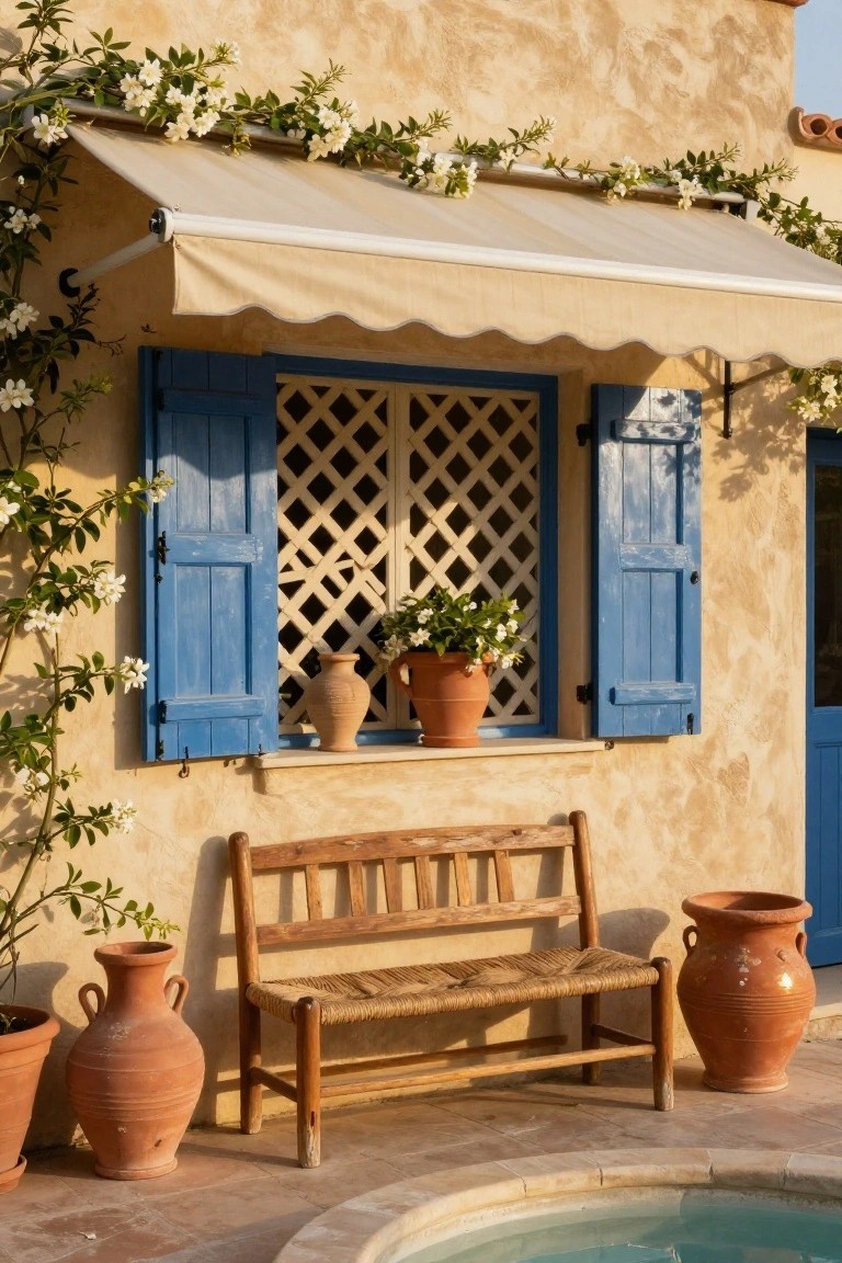 Beige stucco exterior wall with blue wooden shutters on latticed window, beige fabric awning extended overhead, white flowering vines, potted plants on sill, wooden bench with woven seat, terracotta pots, and small round turquoise pool on tiled patio.