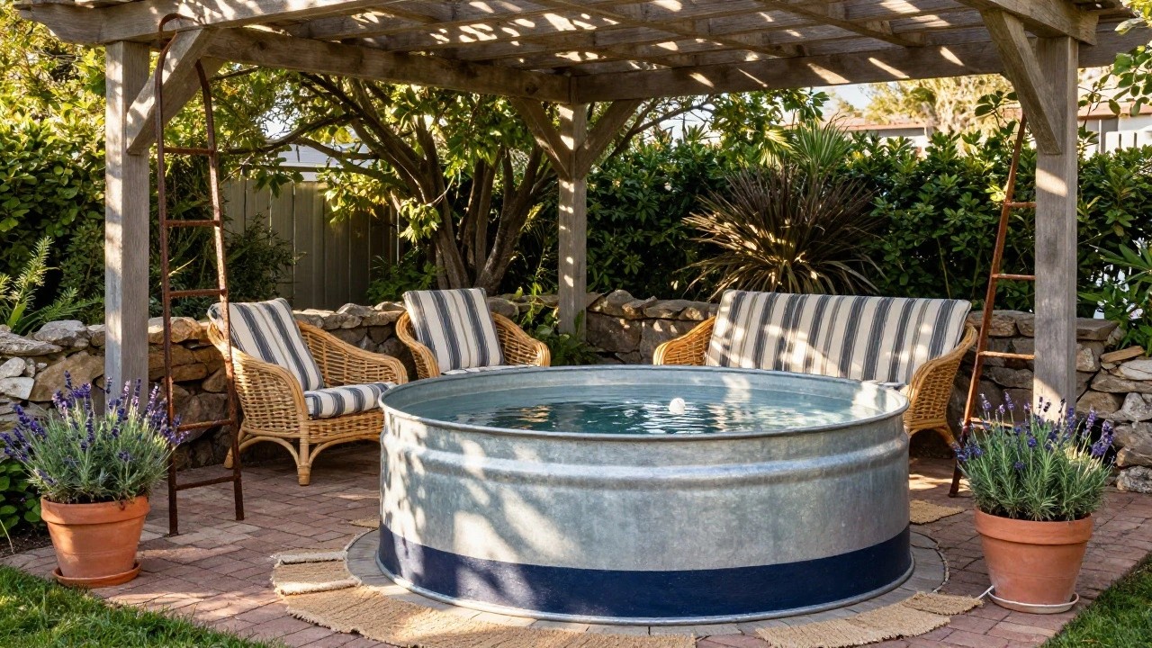 Striped galvanized stock tank pool under a wooden pergola on a brick patio, with wicker chairs, lavender plants in pots, stone wall, and metal ladder nearby.