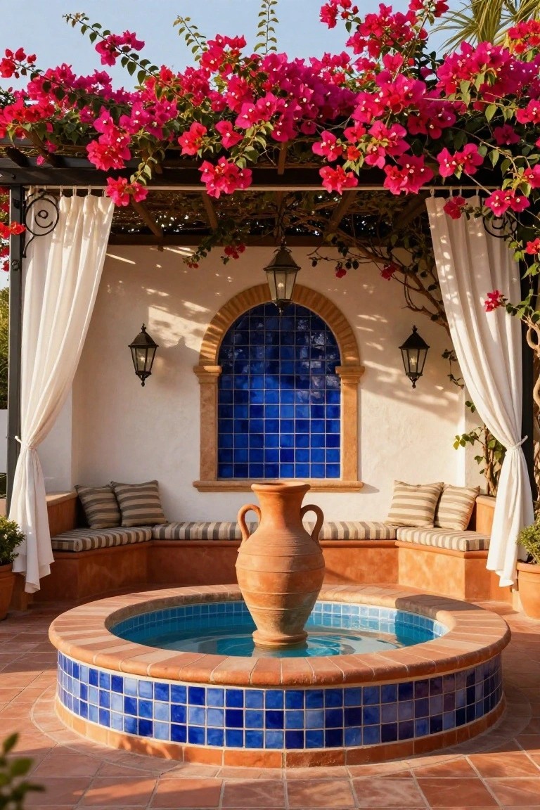 Outdoor patio with circular blue-tiled fountain holding terracotta urn, built-in cushioned bench seating, wooden pergola overhead covered in pink bougainvillea vines, white sheer curtains, wall lanterns, and arched blue-tiled window in white stucco wall.