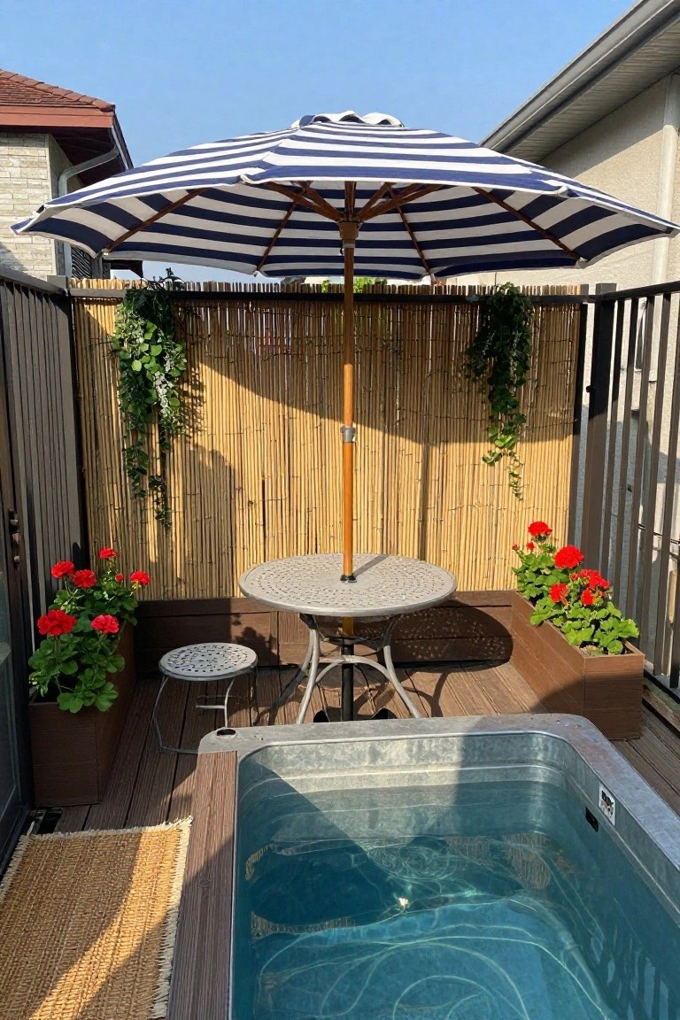 Galvanized stock tank pool on a wooden deck with blue water, adjacent round metal table and stool under a large blue and white striped cantilever umbrella, bamboo privacy screens with hanging ivy, potted red geraniums, seagrass rug, and metal railing.
