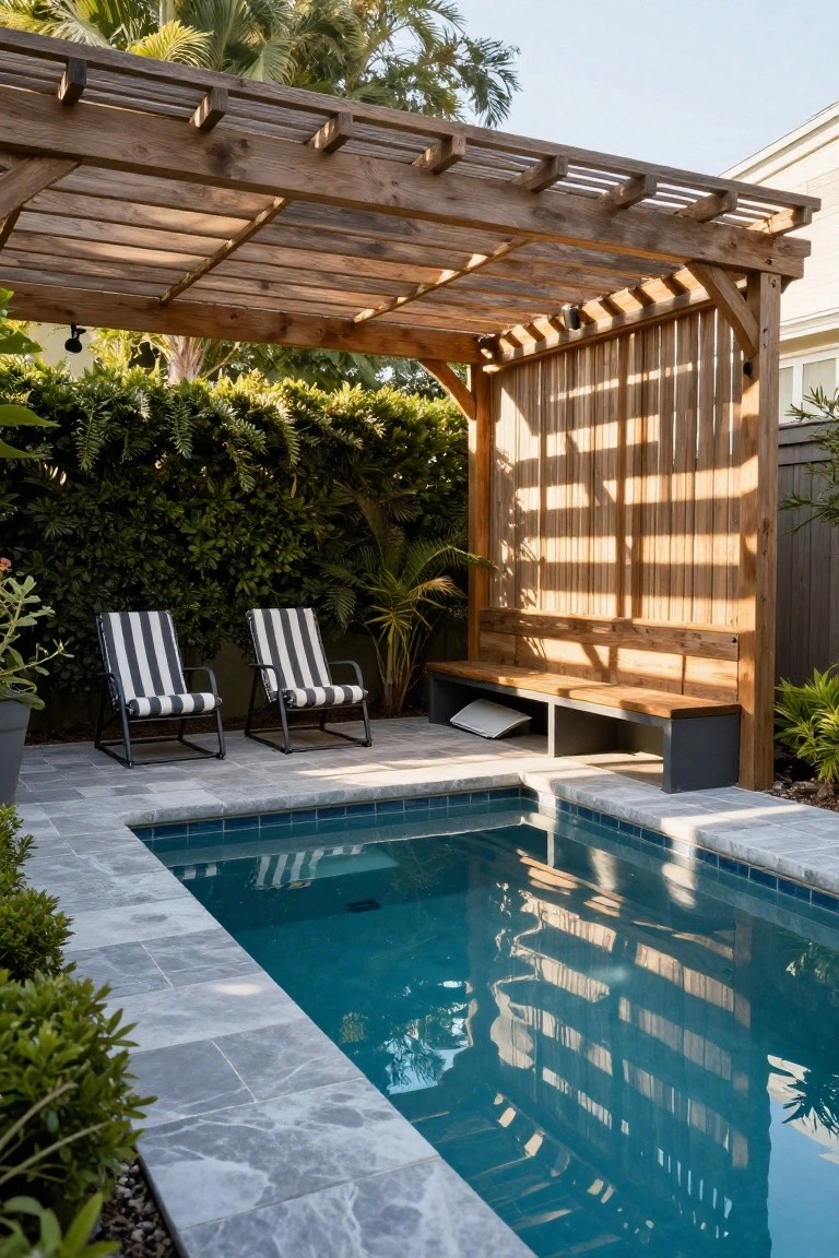 Small turquoise pool with gray tiled surround under a wooden slatted pergola, flanked by two black-and-white striped lounge chairs, a wooden bench, potted plants, and dense green hedges.