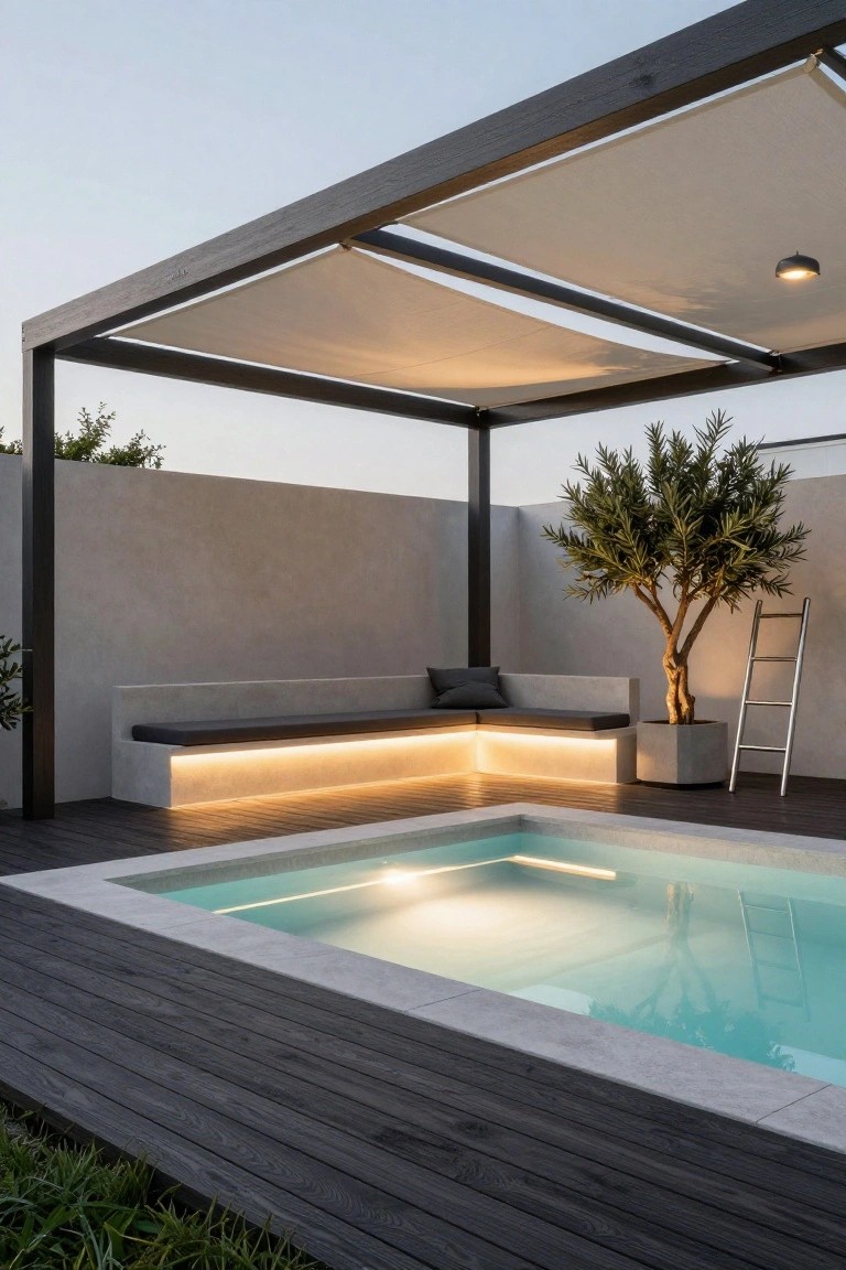 Black metal pergola with white fabric shade over a small turquoise plunge pool, surrounded by dark wood decking, concrete bench with LED lighting, olive tree in pot, and ladder on pool edge.