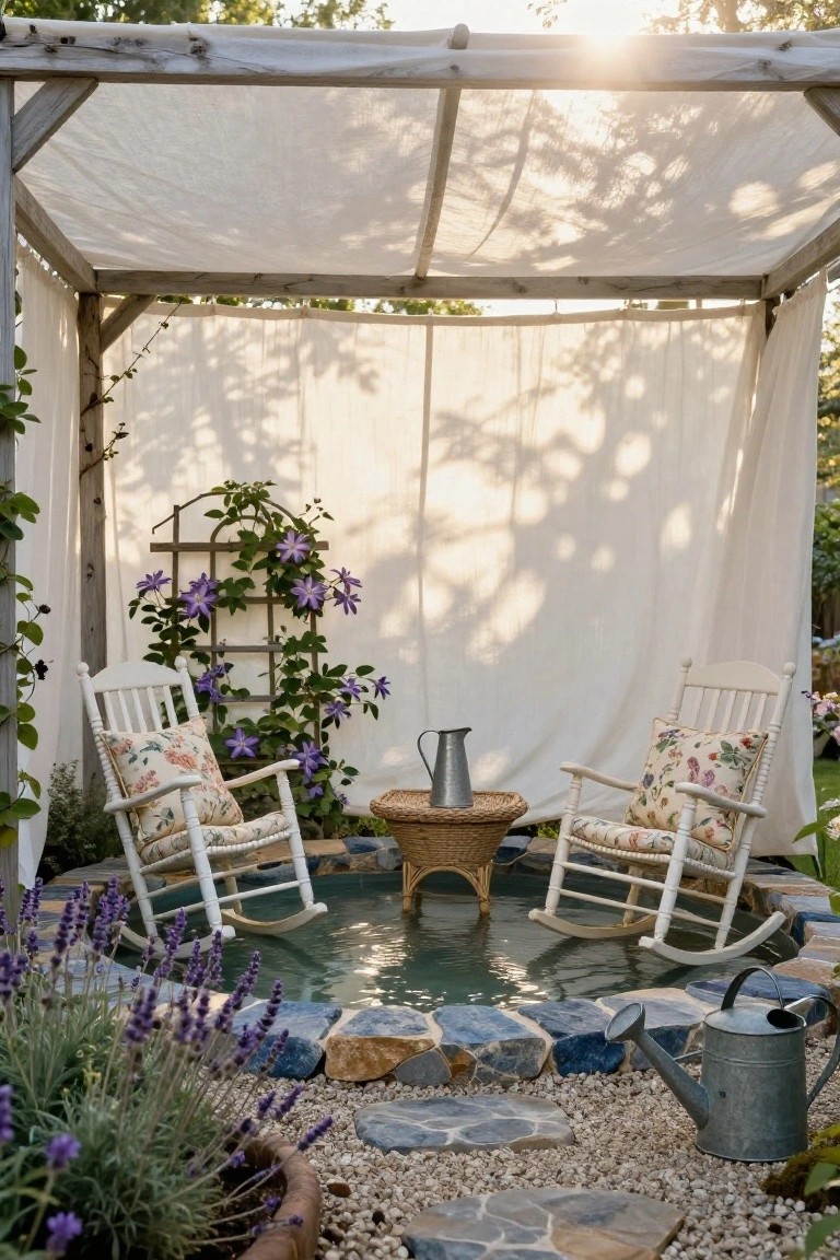 Wooden pergola with white draped curtains shading two white rocking chairs on a stone patio next to a circular blue-tiled stock tank pool, with lavender plants, clematis vine on a trellis, and metal pitchers nearby.