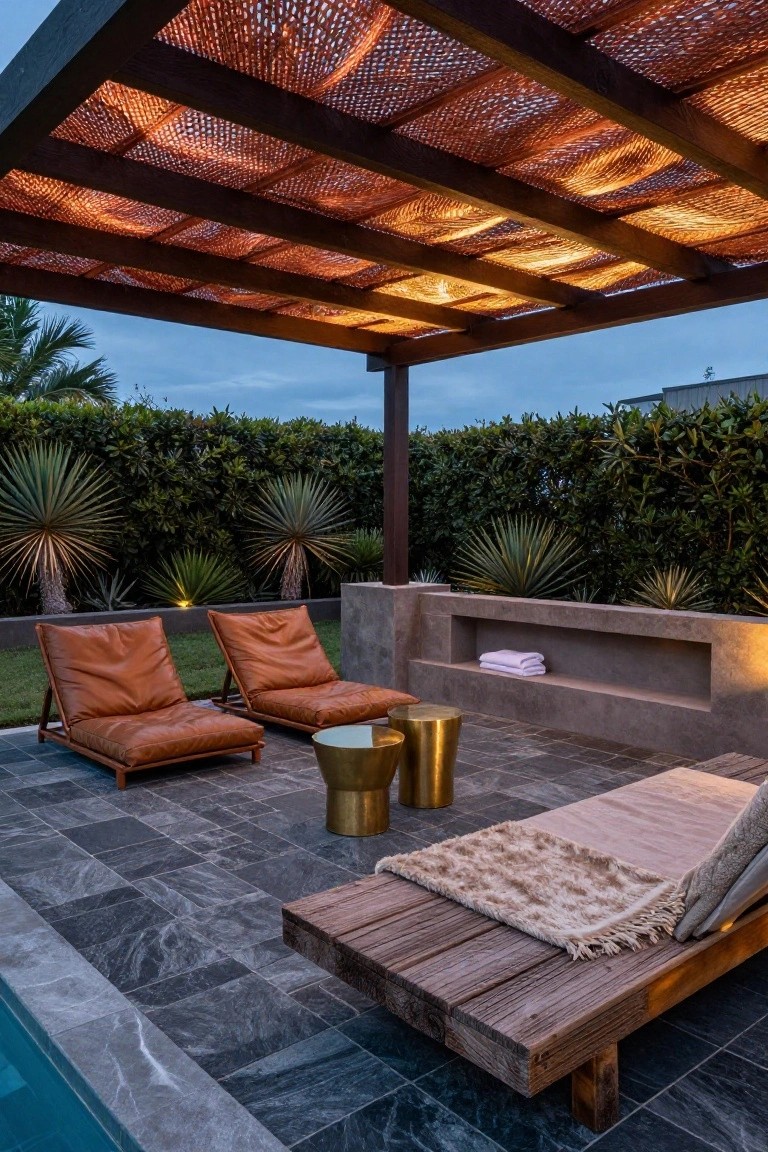 Wooden pergola with reed matting overhead shading a poolside area with two leather chairs, gold side tables, a wood lounger, and potted plants against a hedge backdrop at dusk.