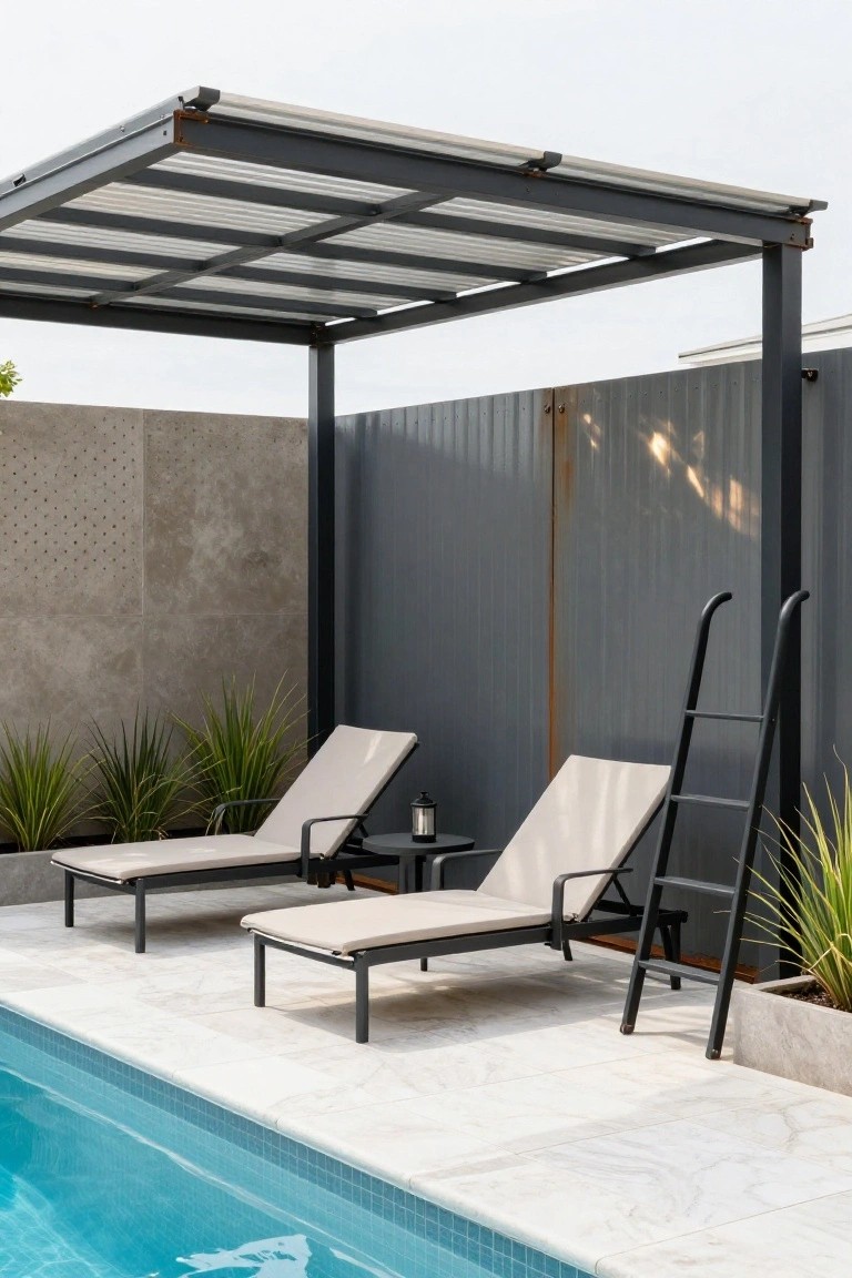 Black metal pergola with translucent slatted roof over two beige loungers next to a blue-tiled pool, with plants, a ladder, and concrete walls and pavers around the area.