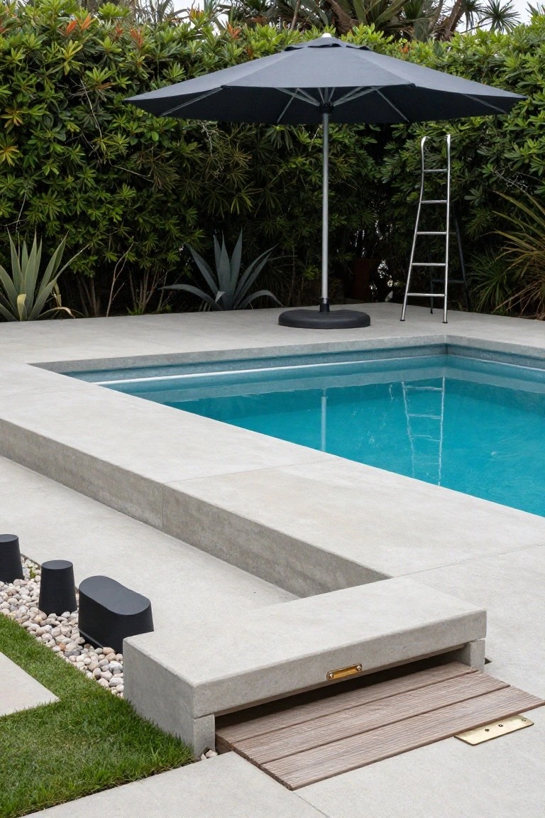 Modern rectangular pool with turquoise water and gray concrete decking, large black cantilever umbrella nearby, metal ladder in the pool, black stools, pebbles, grass strip, wood entry ramp, and tropical plants and shrubs in the background.
