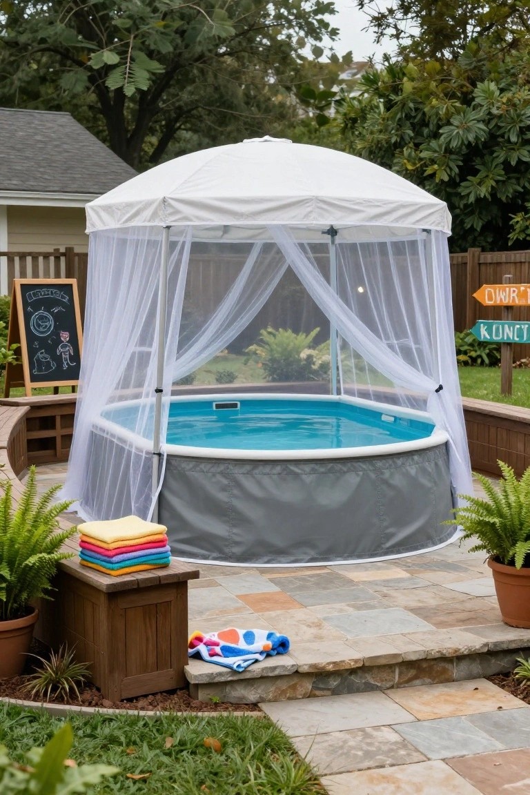 Round above-ground pool with blue water inside a white hexagonal pop-up gazebo tent draped in sheer mosquito netting, on a stone patio with potted plants, stacked towels on a wooden stool, towels on the ground, and a chalkboard easel nearby in a backyard.