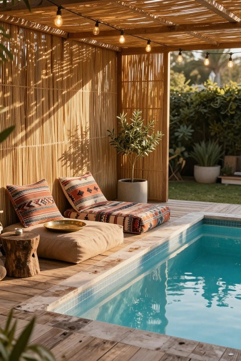 Small turquoise tiled pool edged in wood decking, with adjacent low seating on beige cushions and colorful pillows under a bamboo reed pergola with thatched roof and string lights, potted plants nearby.