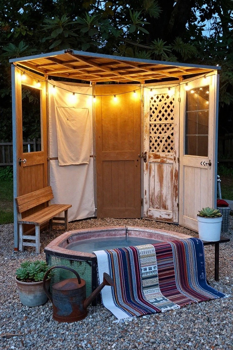 Rustic outdoor pavilion structure enclosing a round stock tank pool on gravel ground, with wooden frame, reclaimed doors as walls, white fabric panels, string lights, folded blankets, potted plants, and a bench nearby.