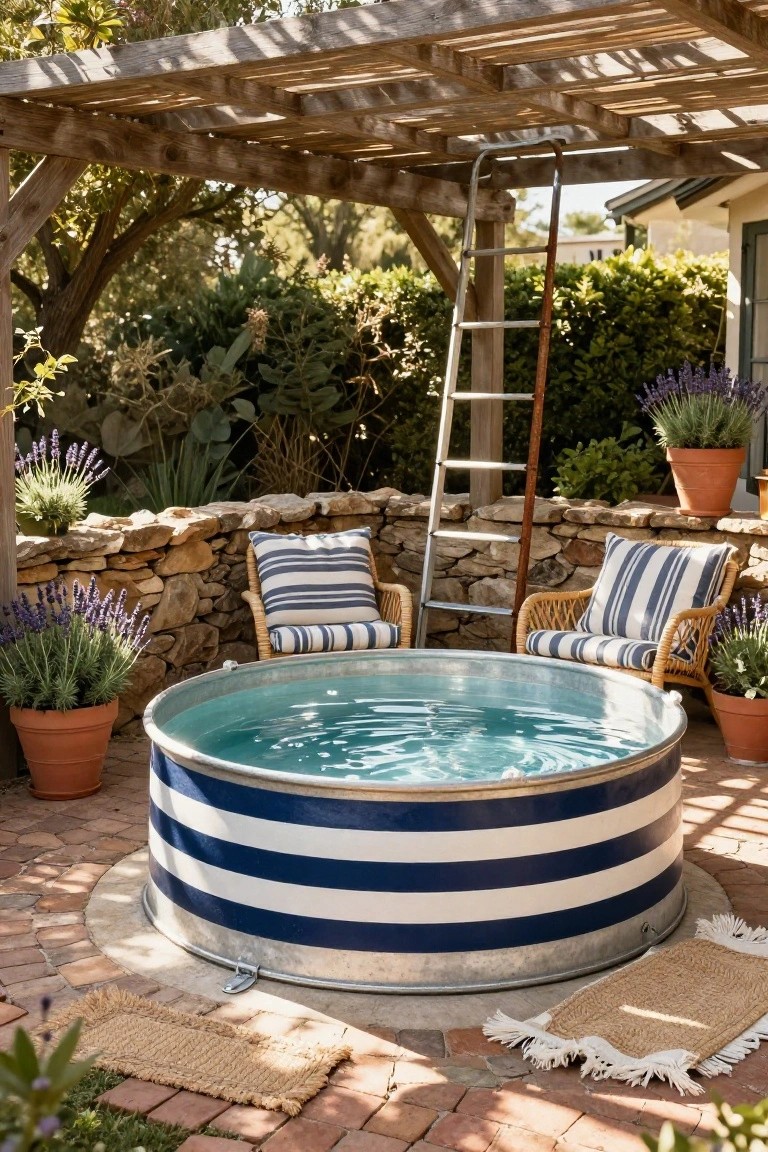 Striped galvanized stock tank pool under a wooden pergola on a brick patio, with wicker chairs, lavender plants in pots, stone wall, and metal ladder nearby.