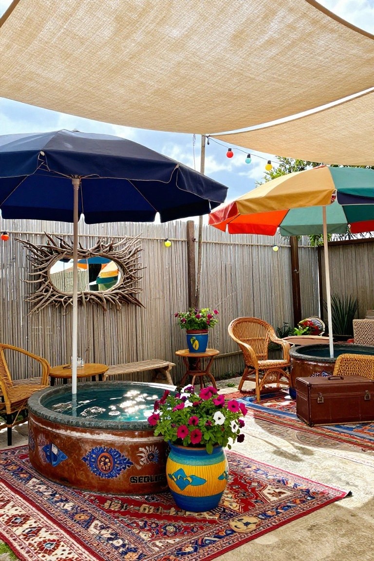 Backyard patio with copper stock tank pool containing water, shaded by beige fabric sails overhead and colorful umbrellas, wicker chairs on rugs, potted plants, and bamboo fencing.