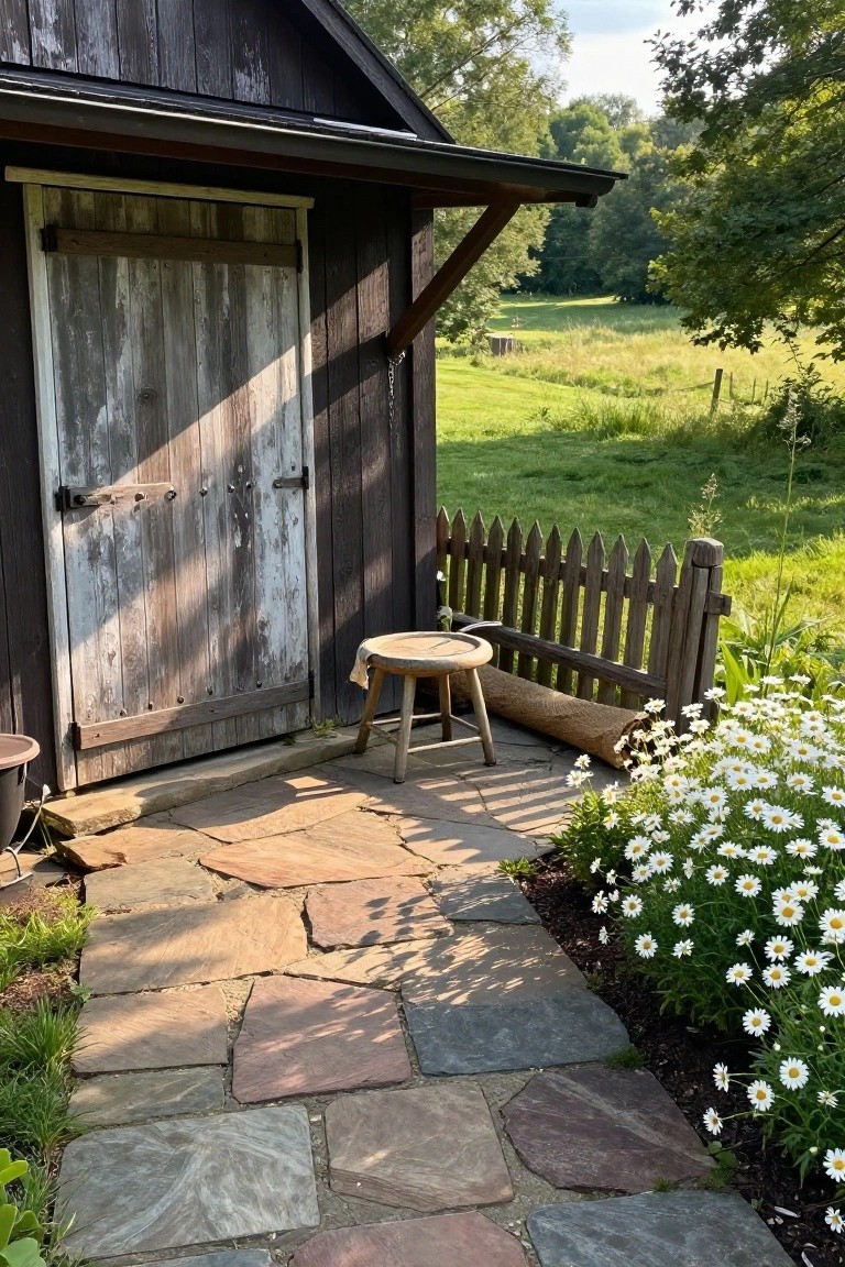 Rustic dark wood shed with large weathered white door, wooden stool on irregular stone pathway, picket fence, white daisy flowers, and green meadow background.