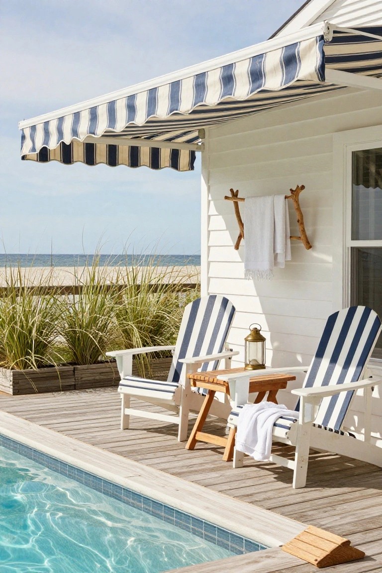 White clapboard house with blue-and-white striped awning shading two matching Adirondack chairs, a wooden table with lantern, and draped towels on a deck beside a rectangular blue-tiled pool, beach grass planters, and ocean view.