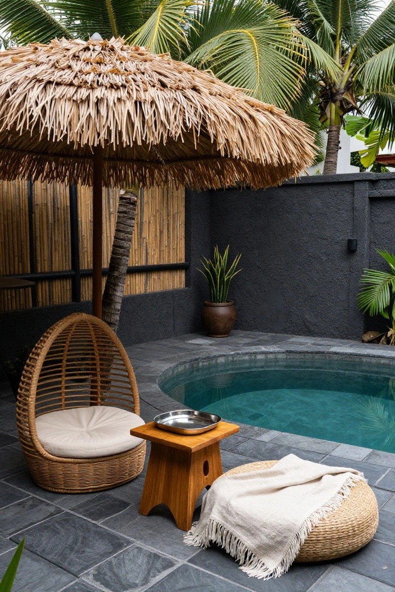 Small turquoise round pool with thatched umbrella overhead, rattan egg chair with cushion, wooden stool holding metal bowl, linen throw on woven pouf, bamboo fence, potted plants, and palm trees nearby.