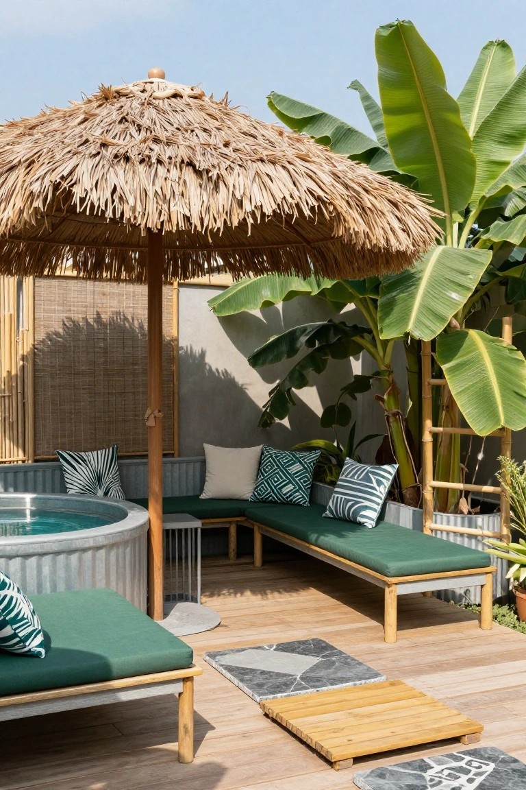 Rooftop deck featuring a circular galvanized stock tank hot tub under a large thatched umbrella, with L-shaped green bench seating, banana plants, and bamboo screens.