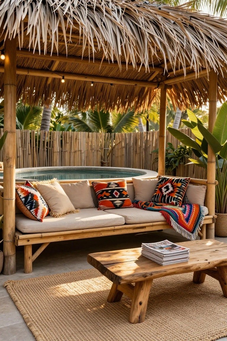 Round turquoise stock tank pool under a thatched bamboo pavilion with wooden bench piled with colorful patterned pillows and blankets, low wooden table with magazines, surrounded by potted plants, bamboo fence, and palm trees.