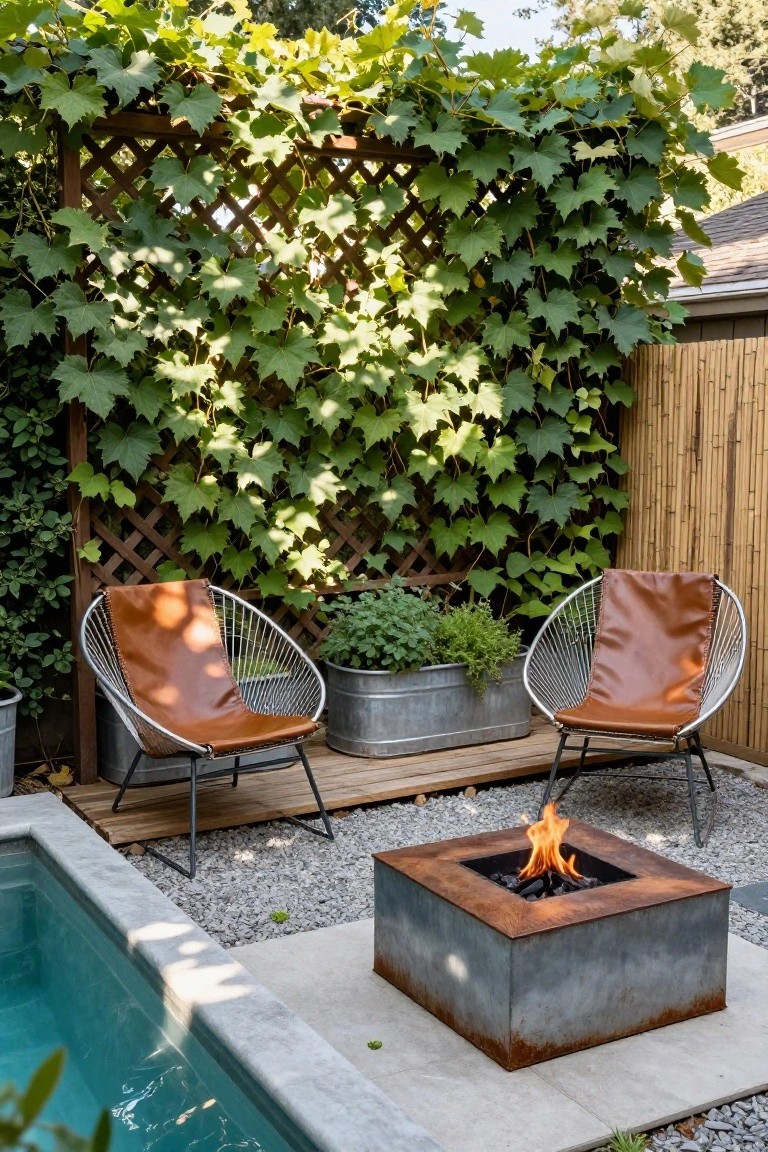 Small turquoise stock tank pool next to a square corten steel fire pit, with two tan leather rattan chairs under a vine-covered wooden trellis, galvanized metal planters holding herbs, and a bamboo fence nearby on a gravel patio.