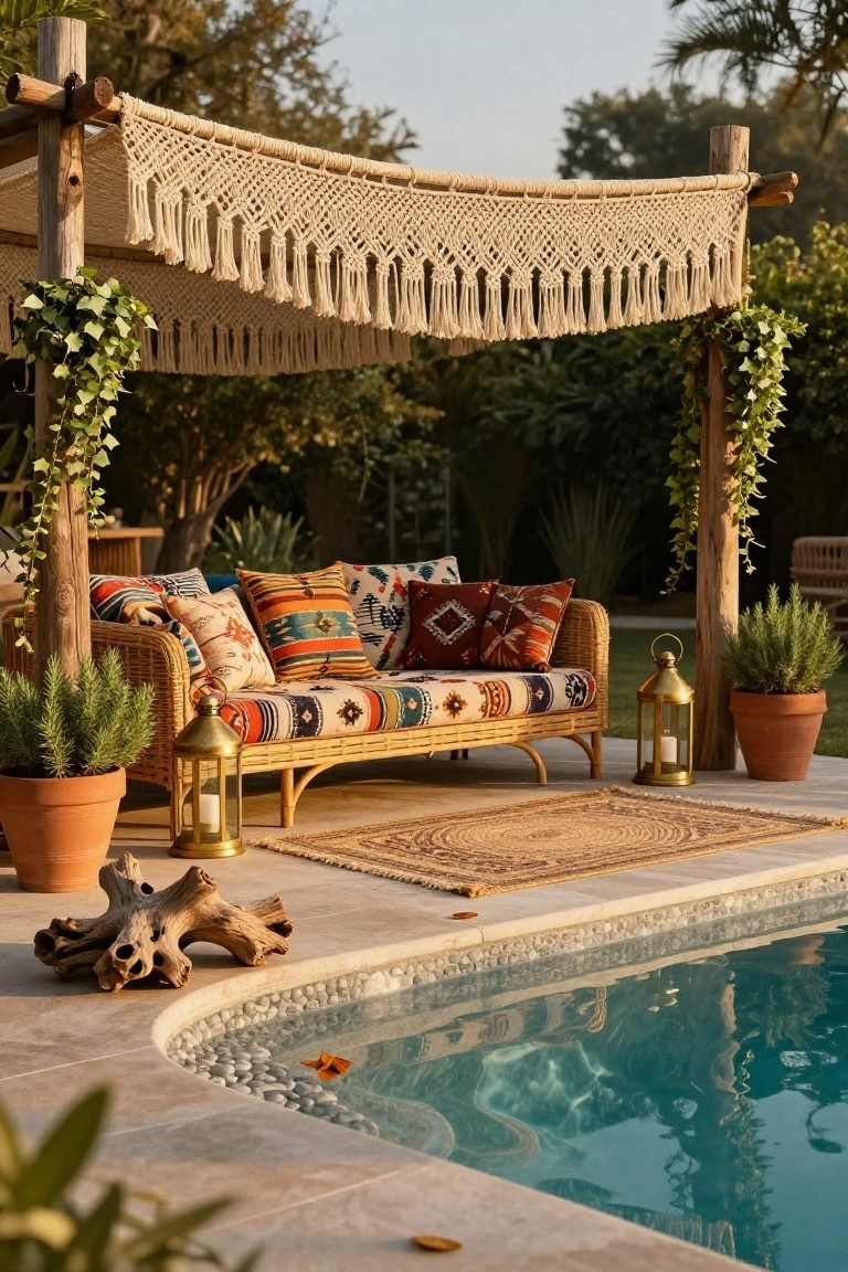 Wooden pergola with white macrame canopy shading a rattan sofa with colorful pillows, flanked by potted plants and lanterns on a tiled poolside deck next to an inground pool with pebble edge.