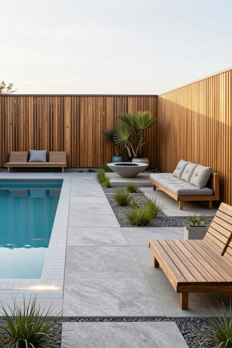 Corner view of a rectangular inground pool with white tiled edge and grey porcelain paver deck, featuring wooden slat privacy fences, benches with grey cushions, a long wooden daybed, concrete fire bowl, potted plants, grasses, and pebbles.