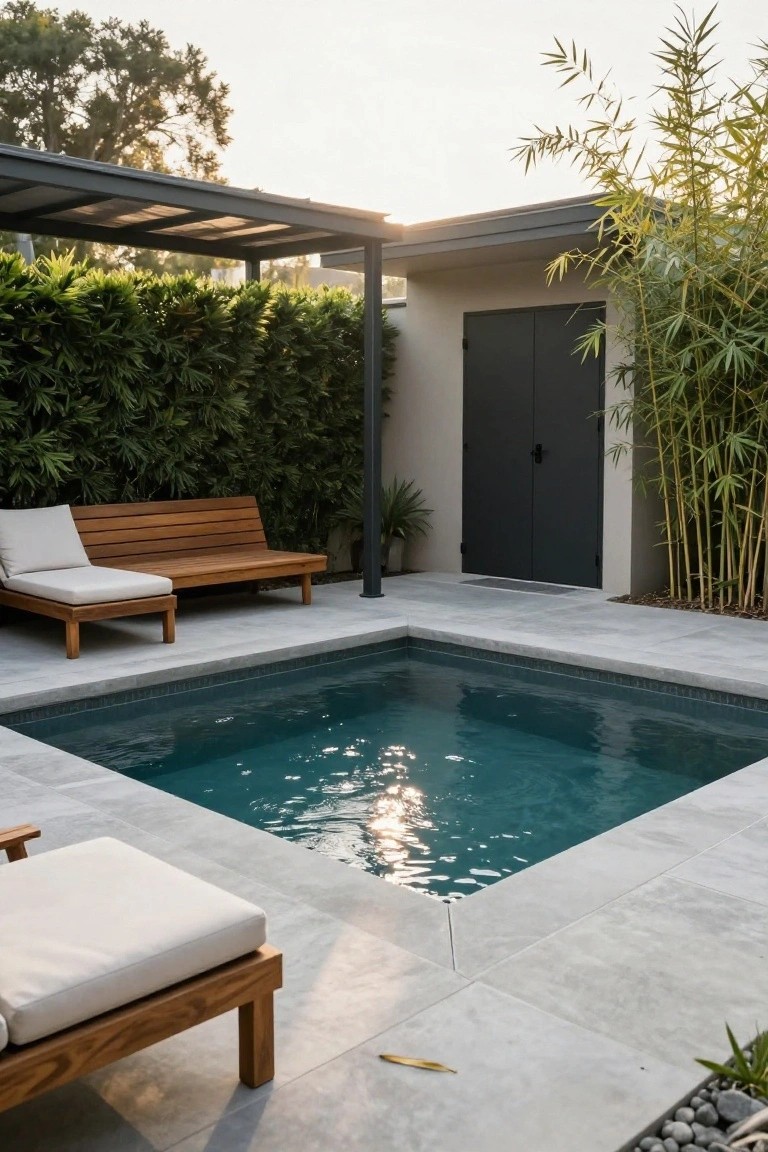Small square turquoise inground pool in a gray-tiled modern patio with adjacent wooden lounge bench and chair with white cushions, bamboo plants for screening, a pergola overhead, and a dark double door on a beige wall.